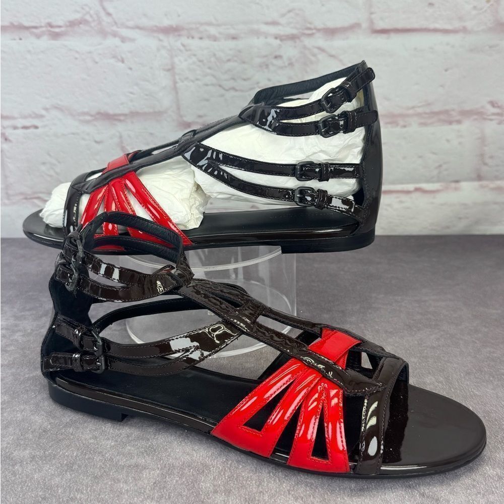 Bottega Veneta Black/Red Patent Leather Flat Strappy Sandals Size 39